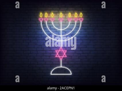 La menorah en néon pour Hanukkah. Décoration rougeoyante pour vacances Chanukkah juif Illustration de Vecteur