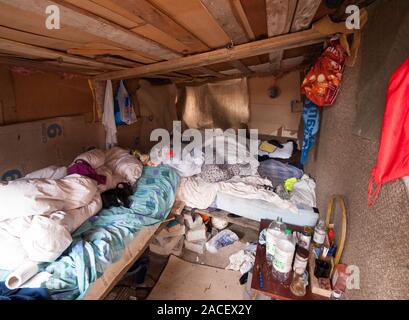 La police et les fonctionnaires de l'Agence des frontières d'expulser les immigrants roumains d'un bidonville construit sur un site à l'abandon de l'ancien terrain de football de Hendon United, au nord-ouest de Londres. Banque D'Images