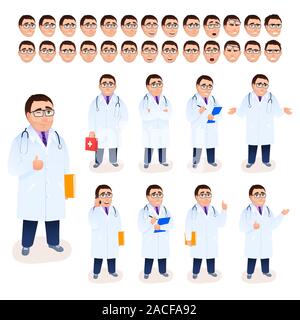 Jeu de caractères de l'homme médecin sur fond blanc. Médecin des hommes en uniforme. Diverses opinions face à des émotions, pose des gestes d'expressions du visage. Style Cartoon Illustration de Vecteur
