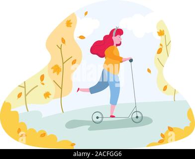 Kick-Girl riding scooter dans autumnal park Illustration de Vecteur