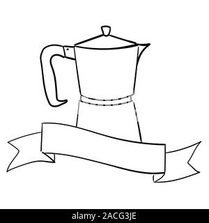 Geyser italienne cafetière avec un ruban décoratif. Place pour le texte. Vector illustration dessinée à la main. Illustration de Vecteur