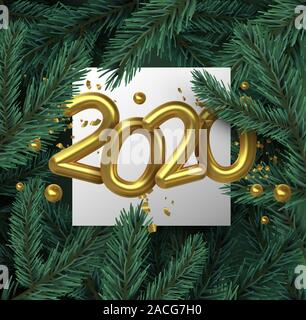 Bonne année 2020, carte de voeux 3d'or numéro de calendrier sur fond de feuilles d'arbres de pins verts. Maison de vacances de luxe partie invitation concept. Illustration de Vecteur