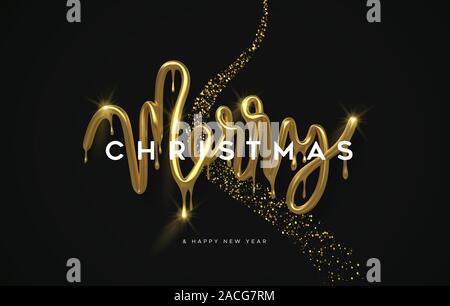 Joyeux noël, cartes de voeux 3D réaliste au goutte à goutte d'or typographie signe avec luxury golden glitter sur fond noir. Brillant type métallique fondu pour Illustration de Vecteur