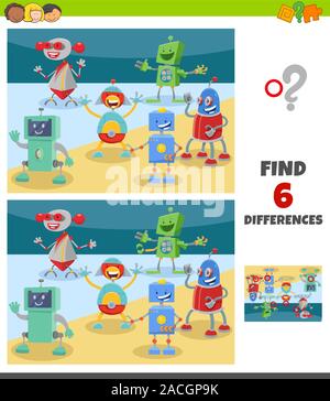 Cartoon Illustration de trouver les différences entre les images jeu éducatif pour les enfants avec des robots heureux caractères fantaisie Illustration de Vecteur