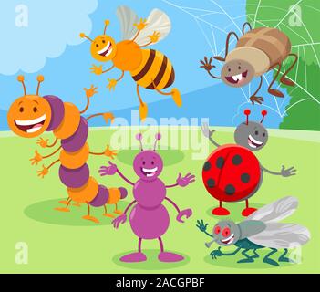 Cartoon Illustration de professionnels Les insectes et animaux Bugs Groupe caractères sur le pré Illustration de Vecteur