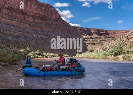 Une famille voyage de rafting dans le canyon de la Rivière San Juan, dans le sud-est de l'Utah, USA. Banque D'Images