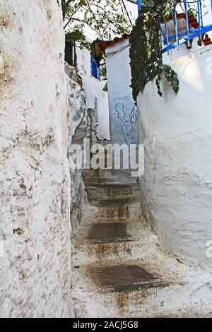 Des mesures étroites et sinueuses, à côté d'une maison à Plaka, Athens, Greece Banque D'Images