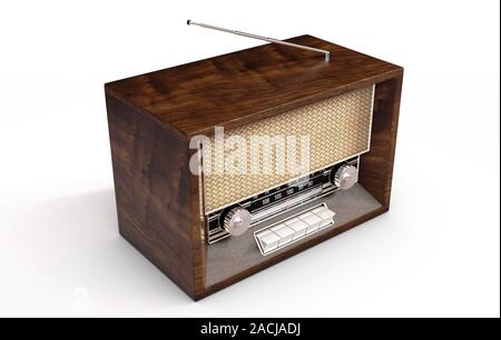 Un concept de radio vintage des années 70 fait de l'orateur et chrome tissu sur un bois blanc fond isolé studio - 3D render Banque D'Images