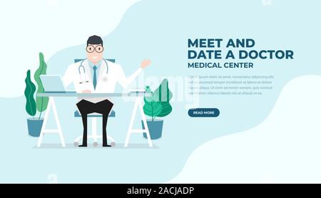 Médecin assis au bureau télévision style. L'homme à l'hôpital médecin praticien bureau médical. La consultation et le diagnostic. Bannière de soins médicaux et de santé. Illustration de Vecteur