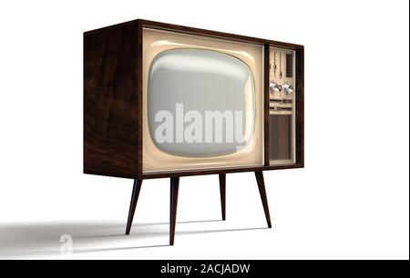 Un concept de télévision vintage des années 70 en plastique chrome et bois sur un fond studio blanc isolé - 3D render Banque D'Images