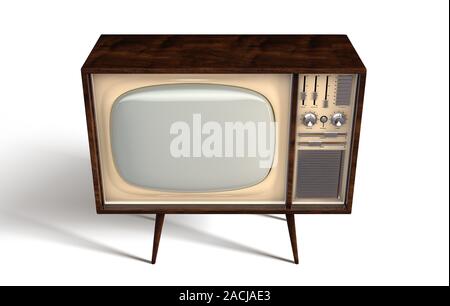 Un concept de télévision vintage des années 70 en plastique chrome et bois sur un fond studio blanc isolé - 3D render Banque D'Images