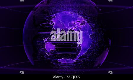Rendu 3D violet de terre de la technologie, des communications et de l'arrière-plan. Globe terrestre avec rotation autour de particules de plexus. TV news Banque D'Images