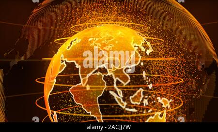 Rendu 3D d'orange de la terre de la technologie, des communications et de l'arrière-plan. Globe terrestre avec rotation autour de particules de plexus. TV news Banque D'Images