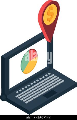 Ordinateur portable avec l'emplacement de broche et à secteurs statistiques de l'argent Illustration de Vecteur
