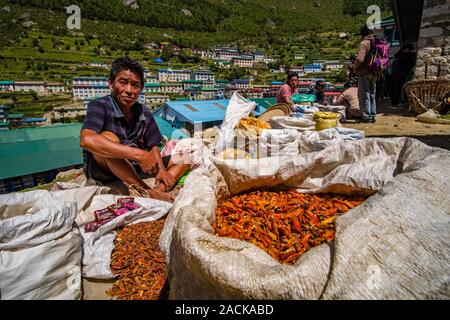 Piments séchés et épices sont en vente au marché hebdomadaire de la ville Banque D'Images