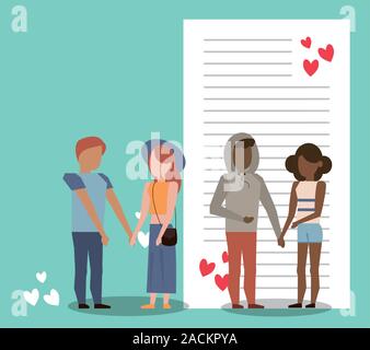 Groupe de couples amoureux avec lettre et caractères coeurs Illustration de Vecteur