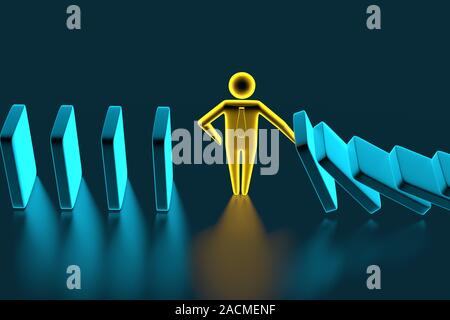 L'homme figure l'arrêt de l'effet domino. La direction et le contrôle des risques concept. Le rendu 3D Banque D'Images