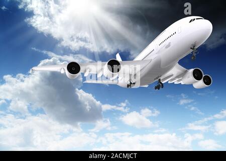 3d grand avion de passagers volant dans le ciel bleu Banque D'Images