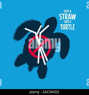 Passer une paille sauver une tortue. Arrêter la pollution des océans les animaux. Illustration de Vecteur