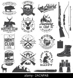 Ensemble de badge club de chasse. Notion de vecteur pour chemise, étiquette, impression, stamp. Typographie vintage design avec fusil de chasse, sanglier, Hunter, l'ours, le cerf, les montagnes et la forêt. Emblème de hunt club aventure de plein air Illustration de Vecteur