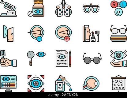 Ensemble d'Optométrie couleur plate d'icônes. Vitamines, Optique, chirurgie clinique et plus encore. Illustration de Vecteur