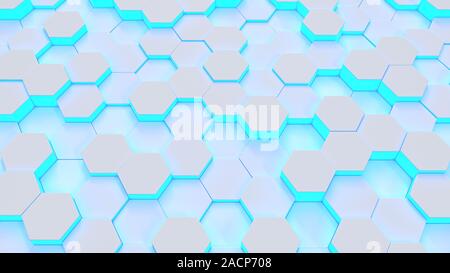 Hexagonal moderne des antécédents médicaux d'un bleu éclatant texture pattern. Abeilles à différents niveaux. Le rendu 3d illustration. Bannière futuristes. Banque D'Images