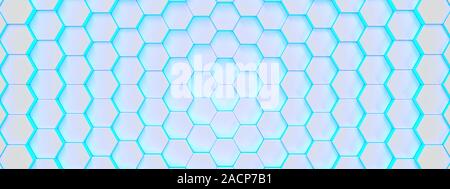 Hexagonal moderne des antécédents médicaux d'un bleu éclatant texture pattern. Abeilles à différents niveaux. Le rendu 3d illustration. Bannière futuristes. Banque D'Images