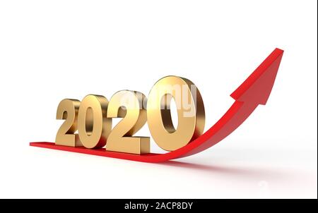 La croissance économique et financière dans l'année 2020 avec flèche rouge virant vers le haut. Illustration 3d Nombre d'or Banque D'Images