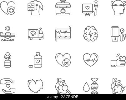 Ensemble de la Ligne de crise cardiaque d'icônes. Cardiogramme, trousse de premiers soins, battement de cœur et plus encore. Illustration de Vecteur