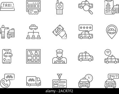 Ensemble d'icônes de ligne de taxi. Camion, chauffeur de taxi, livraison, carte d'identité, et plus encore. Illustration de Vecteur