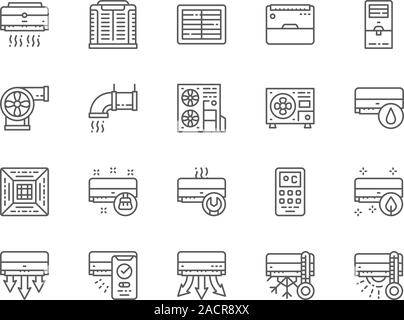 Ensemble d'icônes de ligne de conditionnement d'air. Télécommande, refroidisseur, humidificateur et plus encore. Illustration de Vecteur