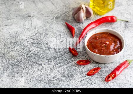 Le ketchup avec piment et l'ail sur un fond de béton gris with copy space Banque D'Images