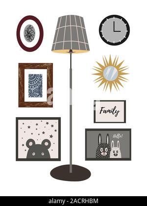 Un ensemble d'articles de décor mural pour l'intérieur : des peintures, des affiches, des montres, un miroir et une lampe de plancher. Vector Illustration de Vecteur