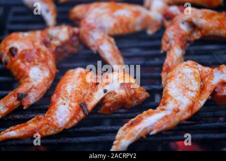 Des ailes de poulet sur le tabagisme grill dans le jardin Banque D'Images