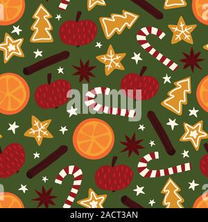 Épices de Noël hiver modèle vectoriel continu. Arrière-plan de répétition de l'anis étoilé, pomme, orange, cannelle, cookies, des cannes de bonbon. Hand drawn Illustration de Vecteur