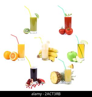 Collage. Verres de jus. Différents fruits Banque D'Images