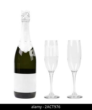 Bouteille de champagne et deux verres Banque D'Images