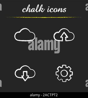 Chalk Cloud computing icons set. Cloud, charger et télécharger des flèches, et les paramètres des symboles. Illustrations vectorielles chalkboard Illustration de Vecteur