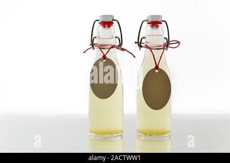 Des bouteilles remplies de sirop de sureau, la mise en miroir Banque D'Images