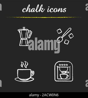 Chalk café icons set. Classic café, machine à expresso, tasse chaude sur la plaque, moka, pot avec cuillère sucre raffiné en cubes. Chalk vectorielles Illustration de Vecteur