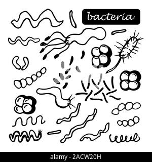 Les bactéries et les microbes doodle set, les micro-organismes causant des maladies d'objets. Le bacille de la maladie, les microbes, virus et micro-organismes contours vector illustration Illustration de Vecteur