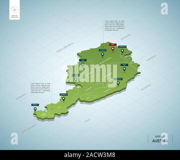 Carte stylisée de l'Autriche. 3D isométrique carte verte avec les villes, les frontières, la capitale vienne, régions. Vector illustration. Couches modifiables clairement étiquetés. E Illustration de Vecteur