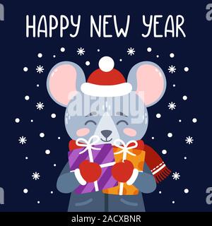 Le rat est titulaire d'étrennes. Le symbole du Nouvel An chinois 2020. Carte de souhaits avec une souris pour la nouvelle année. Vector illustration avec mignon ch Illustration de Vecteur