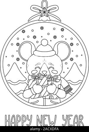 Boule de Noël avec l'image de rat holding gifts. Carte de souhaits avec une souris pour le Nouvel An et de Noël. Vector illustration. Style scandinave Illustration de Vecteur