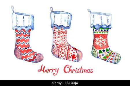 Chaussettes de Noël Joyeux Noël souhaits collectionwith, peint à l'aquarelle illustration isolé sur blanc, parfait pour l'élément de conception voeux ca Banque D'Images