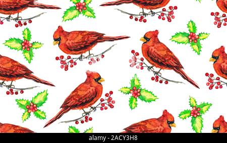 Le Cardinal d'oiseaux sur les branches avec des fruits rouges, peinte à l'aquarelle, illustration pattern design transparente sur le doux fond jaune Banque D'Images