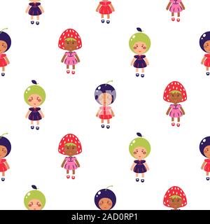 Cartoon vector enfants costumés modèle homogène. Enfants vêtus de costumes de fruits. Illustration de Vecteur