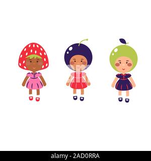 Les enfants costumés vector cartoon illustration. Enfants vêtus de costumes de fruits. Illustration de Vecteur