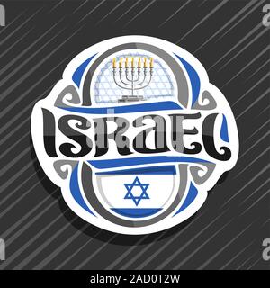 Logo Vector pour Israël, pays aimant frigo avec drapeau de l'État israélien, pinceau original typeface pour mot Israël et symbole juif national - menorah wi Illustration de Vecteur