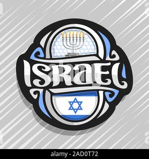 Logo Vector pour Israël, pays aimant frigo avec drapeau de l'État israélien, pinceau original typeface pour mot Israël et symbole juif national - menorah wi Illustration de Vecteur